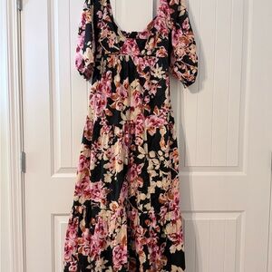 Anthropologie Black and Pink Floral Maxi Dress